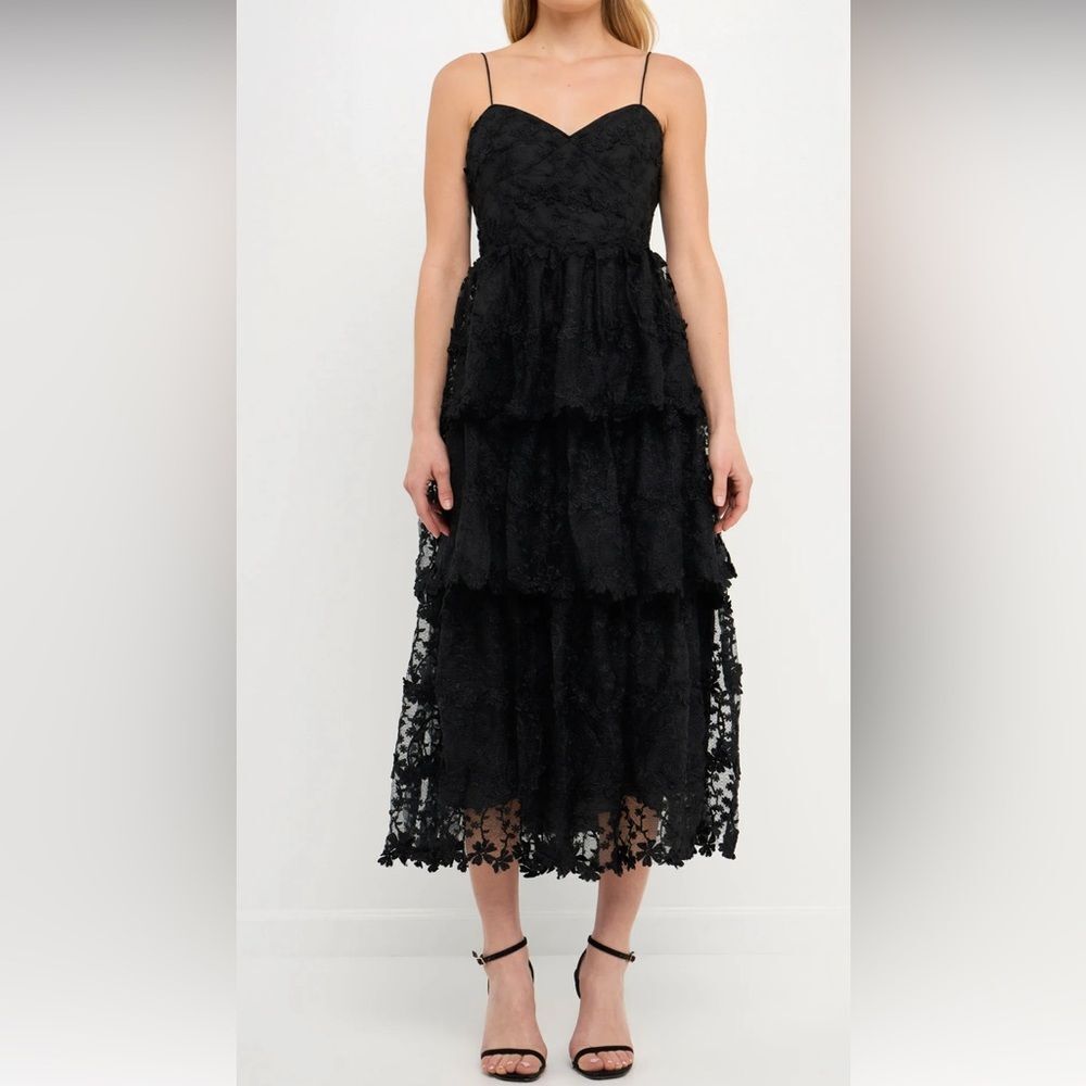 Endless‎ Rose Crochet Layered Midi Dress Size XS in All Black NEW Floral Lace